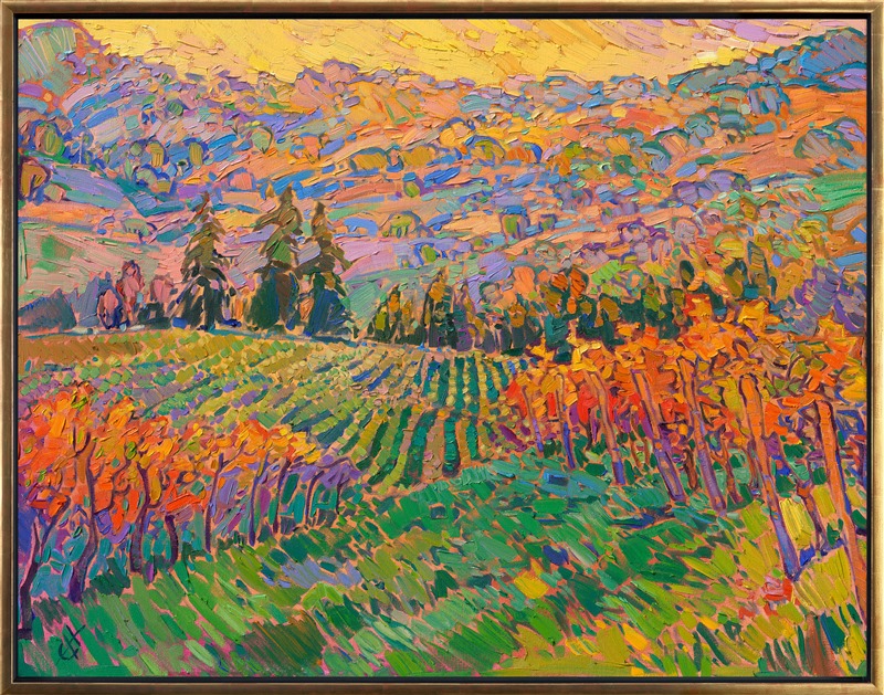 This impressionist painting of Oregon wine country captures the beautiful colors of the Dundee hills just before sunset. The rolling hills are covered in vineyards and pine trees, forming patterns of light and color across the landscape. This painting was created in Erin Hanson's Open Impressionism style, with thick, bold brush strokes that are applied without overlapping.