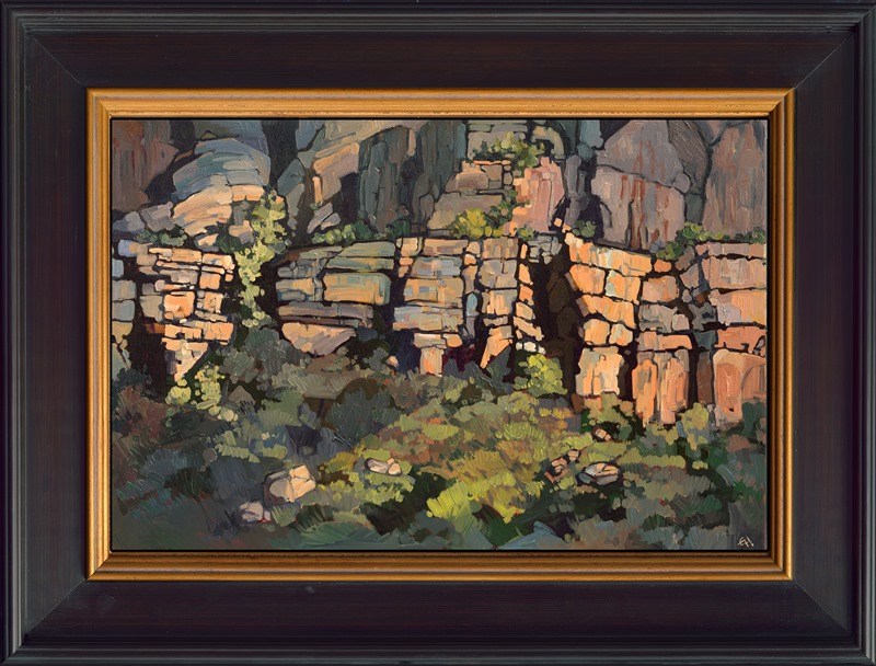 "Willow Spring" was one of the first paintings Erin Hanson ever painted in the style of Open Impressionism, painted while she was developing her style and rock climbing at Red Rock Canyon, Nevada. Her style of painting in distinct brushstrokes separated in mosaic-like shapes was developed in her attempt to capture the planes and dark cracks in the rock faces she loved to climb.</p><p>Erin's iconic style "Open Impressionism" is now taught in art schools worldwide, and her pieces hang in the permanent collections of many museums in the United States. This rare painting was made available for us to sell on consignment. </p><p>This painting captures Red Rock Canyon with an abstracted style. "Willow Spring" is a traditional ("trad") climbing destination in Red Rock.  The work was done on 3/4" stretched canvas, and the piece arrives framed in a new 3.5"-wide black and gold plein air frame.