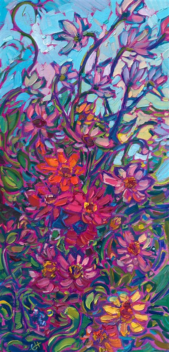 Garden blooms of zinnias and cosmos brighten up the room with brilliant hues of pink, yellow, and red. The impressionistic brush strokes capture the light and vivacity of the scene.</p><p>"Winding Blooms" is an original oil painting on linen board, framed in a 4"-wide dark frame with gold edging. 