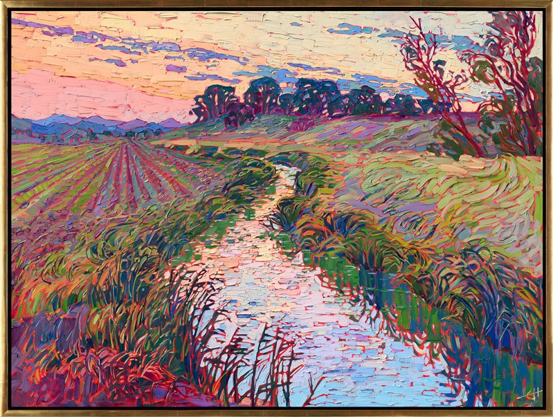 Long summer grasses, brilliant sunset skies, and rolling acres of cultivated lands -- this painting captures all the beauty of the Willamette Valley in central Oregon. The impressionistic brush strokes capture the movement and fleeting beauty of the scene.</p><p>"Winding Grass" is an original oil painting, created on gallery-depth canvas and framed in a contemporary gold floater frame. The painting was created in Erin Hanson's signature Open Impressionism style, with thick, impasto brush strokes and a limited palette.