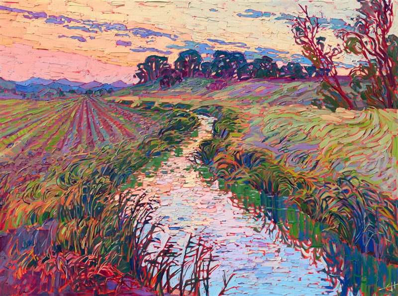 Long summer grasses, brilliant sunset skies, and rolling acres of cultivated lands -- this painting captures all the beauty of the Willamette Valley in central Oregon. The impressionistic brush strokes capture the movement and fleeting beauty of the scene.</p><p>"Winding Grass" is an original oil painting, created on gallery-depth canvas and framed in a contemporary gold floater frame. The painting was created in Erin Hanson's signature Open Impressionism style, with thick, impasto brush strokes and a limited palette.