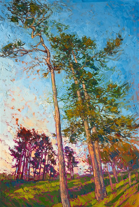 Tall pines with winding branches stretch into the sky in this modern impressionist oil painting. The vivid colors bring the landscape to life and capture the imagination.  Each brush stroke comes together to form a mosaic of color and texture across the canvas.</p><p>This painting was created on a gallery-depth canvas with the painting continued around the edges. The painting will arrive in a beautiful hardwood floater frame, ready to hang.