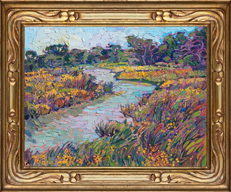 A winding stream surrounded by yellow wildflowers is captured with loose, thickly applied brushstrokes. The petite painting manages to bring to life a wide expanse of light and color, on only 14 inches of canvas.</p><p>This painting was created on 1/8" canvas board, and the painting arrives framed and ready to hang.