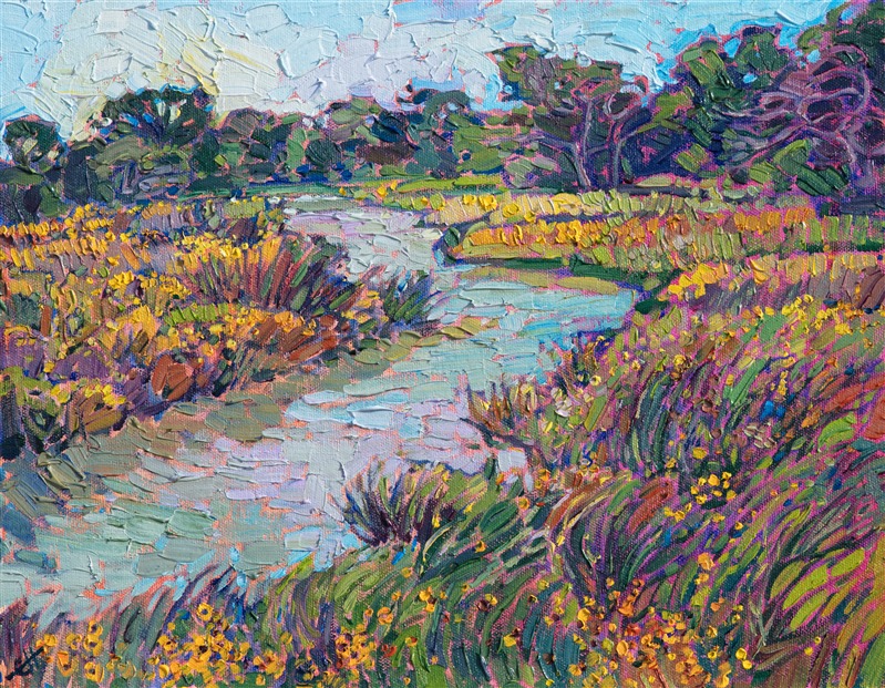 A winding stream surrounded by yellow wildflowers is captured with loose, thickly applied brushstrokes. The petite painting manages to bring to life a wide expanse of light and color, on only 14 inches of canvas.</p><p>This painting was created on 1/8" canvas board, and the painting arrives framed and ready to hang.