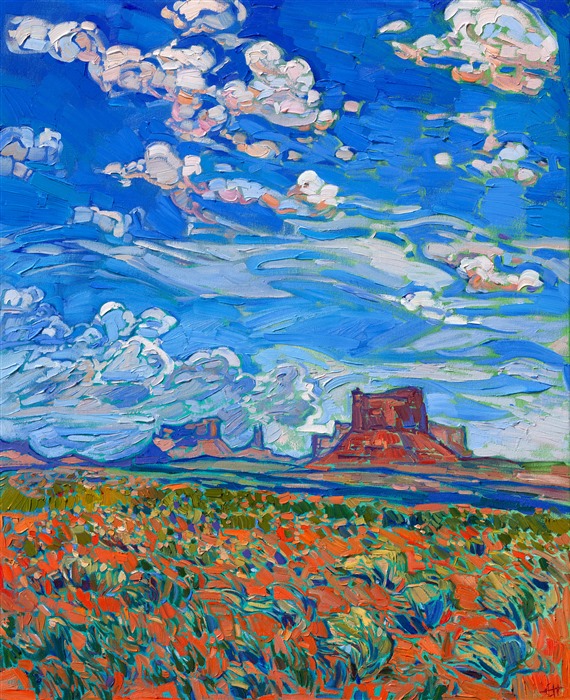 The last time I visited the Four Corners region of the Colorado Plateau was several years ago. The big, beautiful blue sky was full of white fluffy clouds--the perfect high desert weather. I took photos of Monument Valley from a few miles away, watching the clouds pass shadows over the red rock buttes below. I printed this photo when I returned from my trip, and I have been wanting to paint it ever since. When I paint, I try to recapture what it felt like to actually stand there, my feet sinking into the warm, soft red sand, a breeze ruffling my hair, squinting into the sky, and feeling surrounded by beautiful color 360 degrees around me.