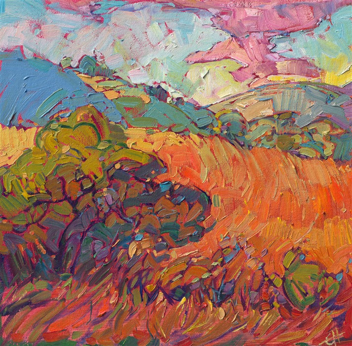 California color blooms in all its glory in this oil painting of Paso Robles. This classic petite by Erin Hanson is being sold on consignment. Erin Hanson has painted over 400 paintings of Paso Robles, and she finds endless inspiration in the untamed grassy hills, live oak trees, and cultivated vineyards.</p><p>"Windy Grass" is an original oil painting on canvas panel. The piece arrives framed in a black and gold plein air frame. This piece from 2014 is being sold on consignment.