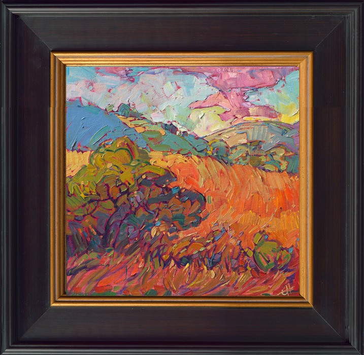 California color blooms in all its glory in this oil painting of Paso Robles. This classic petite by Erin Hanson is being sold on consignment. Erin Hanson has painted over 400 paintings of Paso Robles, and she finds endless inspiration in the untamed grassy hills, live oak trees, and cultivated vineyards.</p><p>"Windy Grass" is an original oil painting on canvas panel. The piece arrives framed in a black and gold plein air frame. This piece from 2014 is being sold on consignment.