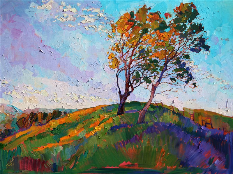 Motion in the sky, motion in the landscape, this painting is alive with color and texture! The subtle lavenders in the sky are set off by the thick, impasto paint and autumn colors of the eucalyptus blowing in the wind.