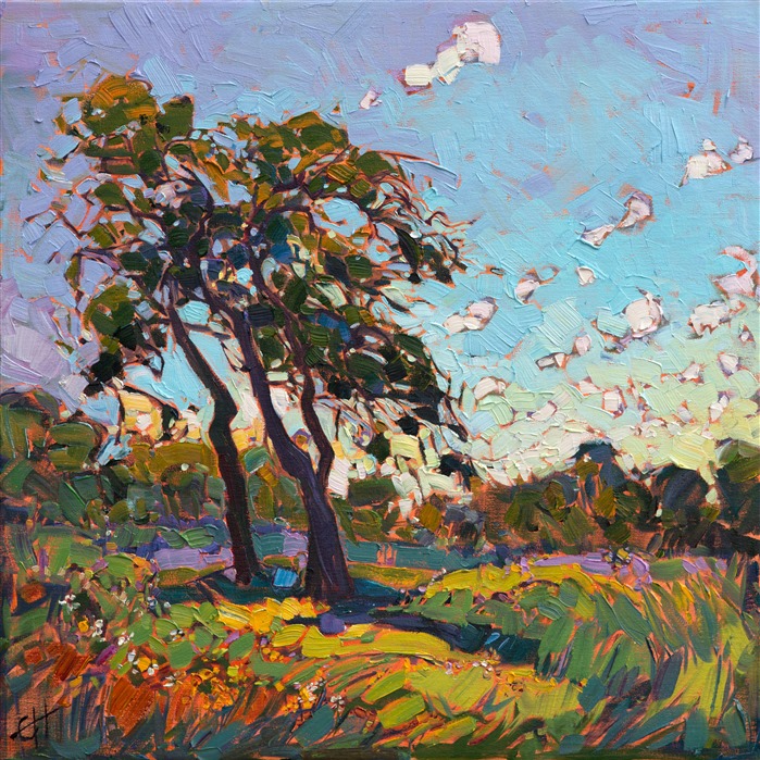 Bold color and loose brush strokes capture the movement and life of the outdoors.  A spontaneous cluster of wildflowers gathers at the base of the wind-blown trees, inviting you to nestle into the shady grass.</p><p>This painting was created on 1-1/2" deep canvas and has been framed in a gold floater frame.  This piece arrives ready to hang.  