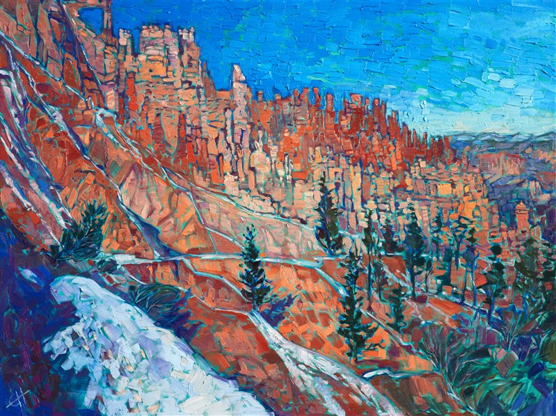After watching dawn break over Bryce Canyon, I began hiking down the steep trail into the canyon’s depths.  It had snowed a few days earlier, and the white strips of snow stood out in stark contrast against the deep orange and red sandstone.  This painting captures all the charm of red rock country in winter.</p><p>This painting was done on 1-1/2" canvas, with the painting continued around the edge of the canvas. This piece has been framed in a gold, hand-carved open impressionist frame.