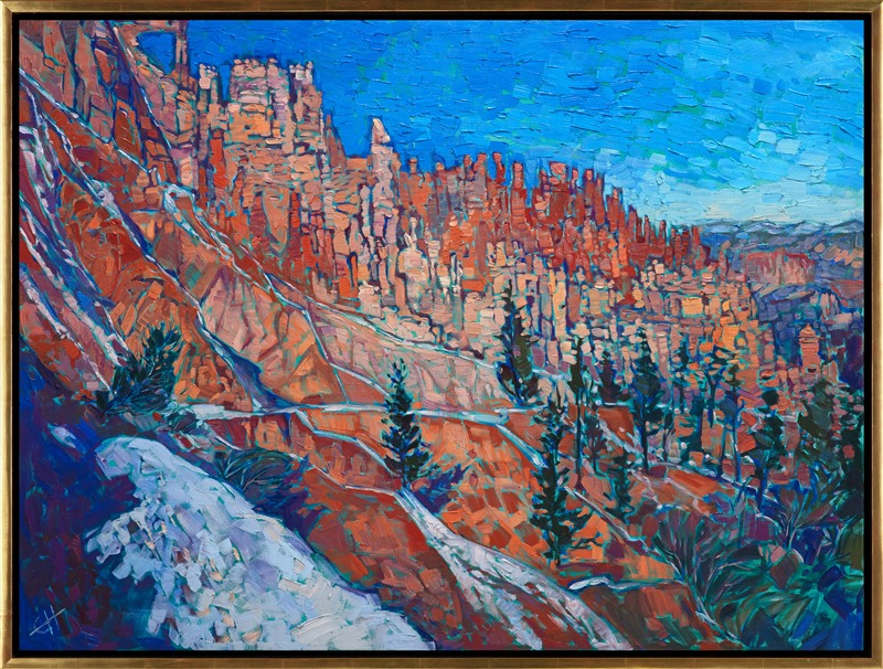 After watching dawn break over Bryce Canyon, I began hiking down the steep trail into the canyon’s depths.  It had snowed a few days earlier, and the white strips of snow stood out in stark contrast against the deep orange and red sandstone.  This painting captures all the charm of red rock country in winter.</p><p>This painting was done on 1-1/2" canvas, with the painting continued around the edge of the canvas. This piece has been framed in a gold, hand-carved open impressionist frame.