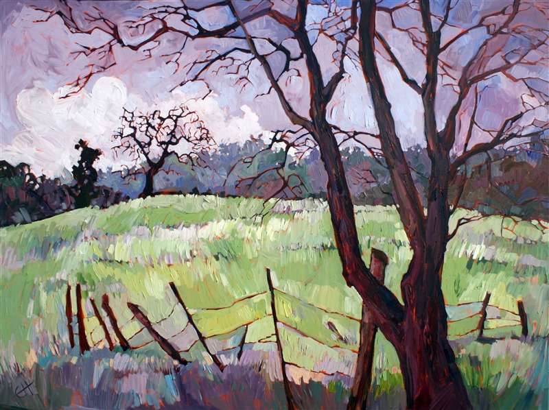 Cool winter grass is covered in icy morning dew, in this painting of Paso Robles, California.