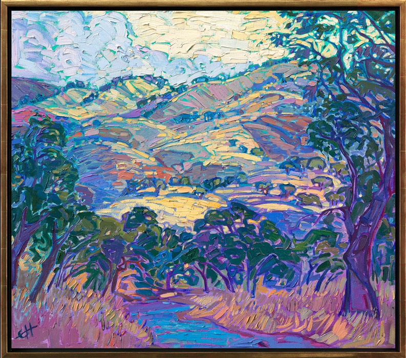 <b>PLEASE NOTE: This painting will be hanging at the Santa Paula Art Museum for Erin's <a href="https://www.erinhansonprints.com/Event/CaliforniaImpressionismatSantaPaulaMuseum" target="_blank"><i>Colors of California</a></i> exhibition. You may purchase this painting online, but the earliest we can ship your painting is July 30th.</b></p><p>Wintery gold hills catch the early morning light in this oil painting of Carmel Valley, near Monterey. The loose, impressionistic brush strokes capture the texture and movement of the grasses and the trees.</p><p>"Winter Hills" was created on 1-1/2" stretched canvas, with the painting continued around the edges. The piece arrives framed in a contemporary gold floater frame.