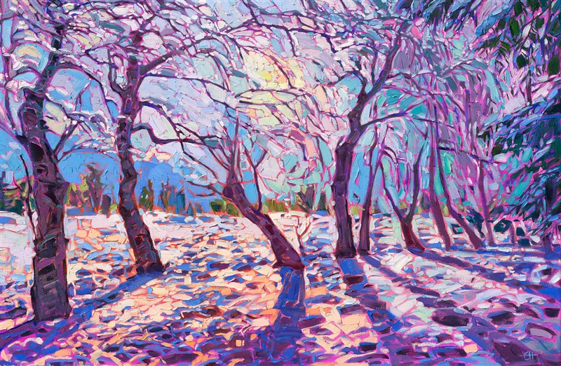 Christmas was white this year in Oregon, the rolling hills and oak trees of the Willamette Valley covered in dramatic white snow. This painting captures the sun shining through a grove of trees along a little pathway, in the woods on my estate.

"Winter Light" is one of the Erin Hanson artworks featured on <a href="https://www.erinhanson.com/blog?p=ErinHansonFrameTV">Samsung Frame TV</a>.
