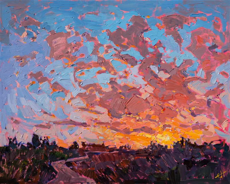 Orange streaks of color burst from the canvas in this painting of a Northwest landscape. The fiery colors are alive with motion and texture.  This painting was inspired by a recent scenic drive from Washington to Colorado.</p><p>The painting has been framed in a gold floater frame.  It arrives wired and ready to hang.</p><p>Exhibited <a href="https://www.erinhanson.com/Event/ErinHansonTheOrangeShow"><i>The Orange Show</i></a>, The Erin Hanson Gallery, Los Angeles, CA. 2016.