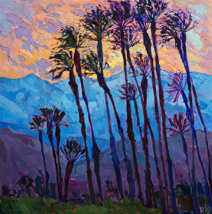 The winter of 2017 has brought unusual weather all across Southern California.  In the Coachella Valley, the snow line was dramatically low.  As the sun set behind the San Joaquin peaks, the snow-covered desert mountains glowed brilliant blue and purple.  I captured this scene as a backdrop to a grove of date palms, with a fiery sunset glowing above.

This painting was created on 1-1/2" deep canvas, with the painting continued around the edges of the canvas for a finished look.  It may be displayed on your wall framed or unframed.