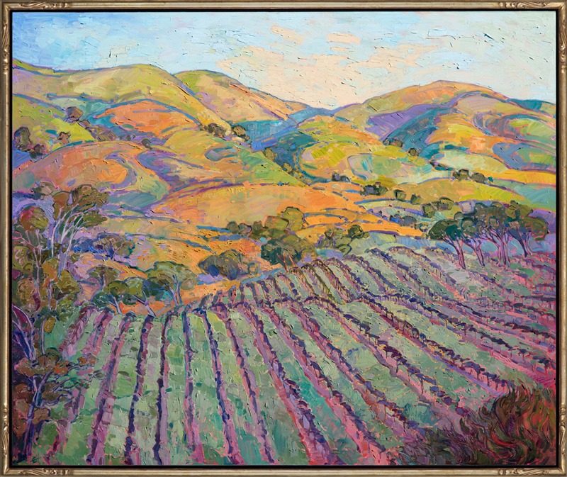 This large oil painting captures all the beauty of Paso Robles wine country. The rolling hills and rows of vineyards are very picturesque and a joy to paint. The expressionistic use of color adds an emotional feeling to painting, transporting the viewer into their own imagination.</p><p>This painting was done on 1-1/2" canvas, with the painting continued around the edges.  It has been framed in a carved gold floater frame.