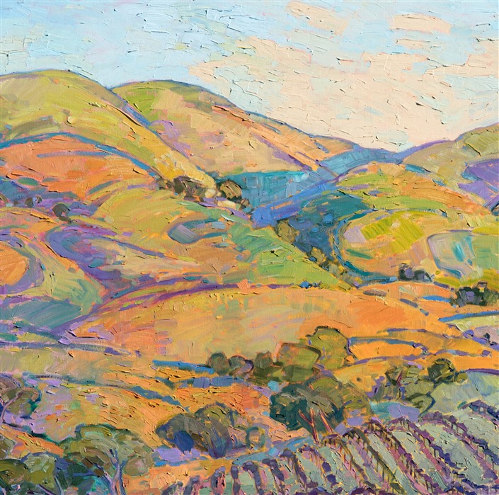 This large oil painting captures all the beauty of Paso Robles wine country. The rolling hills and rows of vineyards are very picturesque and a joy to paint. The expressionistic use of color adds an emotional feeling to painting, transporting the viewer into their own imagination.</p><p>This painting was done on 1-1/2" canvas, with the painting continued around the edges.  It has been framed in a carved gold floater frame.