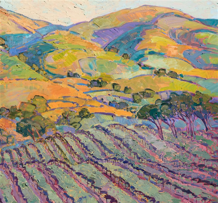 This large oil painting captures all the beauty of Paso Robles wine country. The rolling hills and rows of vineyards are very picturesque and a joy to paint. The expressionistic use of color adds an emotional feeling to painting, transporting the viewer into their own imagination.</p><p>This painting was done on 1-1/2" canvas, with the painting continued around the edges.  It has been framed in a carved gold floater frame.