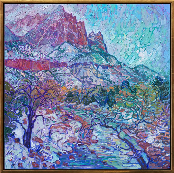 Zion National Park in the winter is a wonderland of pale snow against dark red rock. This oil painting captures the beautiful color contrasts and textures of Zion with thick, impressionistic brush strokes.</p><p>This painting was exhibited at <i>Erin Hanson: Landscapes of the West </i> solo museum exhibition at the Sears Art Museum in St. George, Utah.