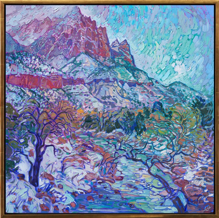 Zion National Park in the winter is a wonderland of pale snow against dark red rock. This oil painting captures the beautiful color contrasts and textures of Zion with thick, impressionistic brush strokes.</p><p><b>Note:<br/>"Winter Zion" is available for pre-purchase and will be included in the <i><a href="https://www.erinhanson.com/Event/SearsArtMuseum" target="_blank">Erin Hanson: Landscapes of the West</a> </i>solo museum exhibition at the Sears Art Museum in St. George, Utah. This museum exhibition, located at the gateway to Zion National Park, will showcase Erin Hanson's largest collection of Western landscape paintings, including paintings of Zion, Bryce, Arches, Cedar Breaks, Arizona, and other Western inspirations. The show will be displayed from June 7 to August 23, 2024.</p><p>You may purchase this painting online, but the artwork will not ship after the exhibition closes on August 23, 2024.</b><br/><p>