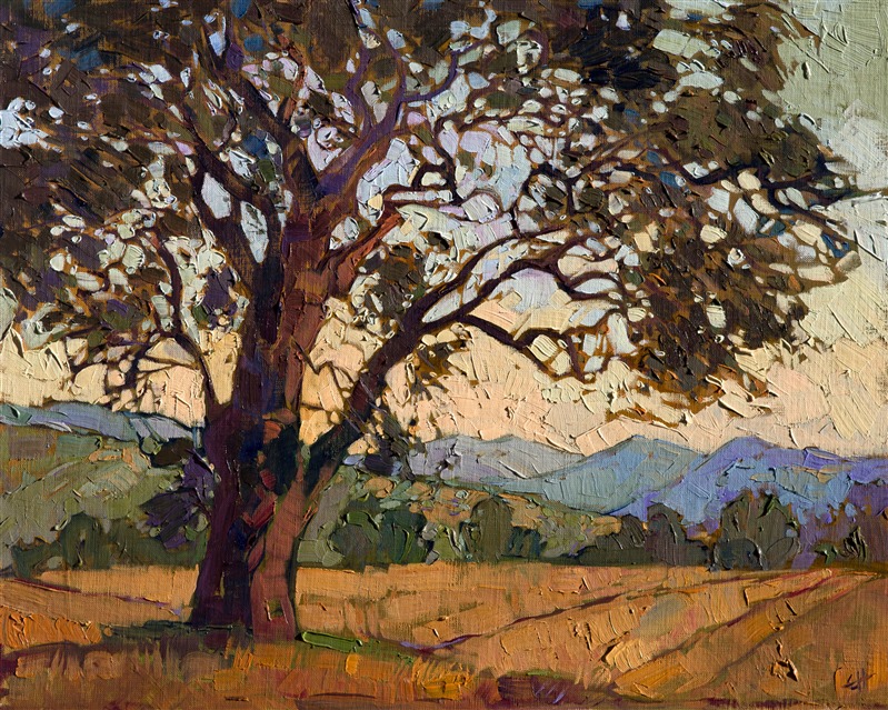 Dusky colors of summer come together in a beautiful symphony of color and texture.  This painting of Paso Robles is a gorgeous example of Hanson's style of Open Impressionism, from the filtered mosaic sky light to the loosely applied brush strokes of the foreground.</p><p>This small oil painting arrives framed and ready to hang.