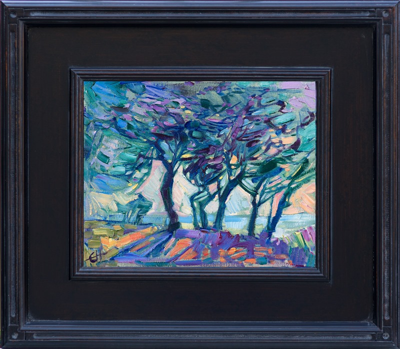 Wispy cypress trees are painted in loose brush strokes and vivid color, in this modernist impressionistic landscape painting.  The petite size of the canvas makes the scenery more intimate and personal.</p><p>This painting was done on 3/4"-deep stretched canvas.  It has been framed in a wide, dark wooden frame. Read more about the <a href="https://www.erinhanson.com/Blog?p=AboutErinHanson" target="_blank">painting's details here.</a>