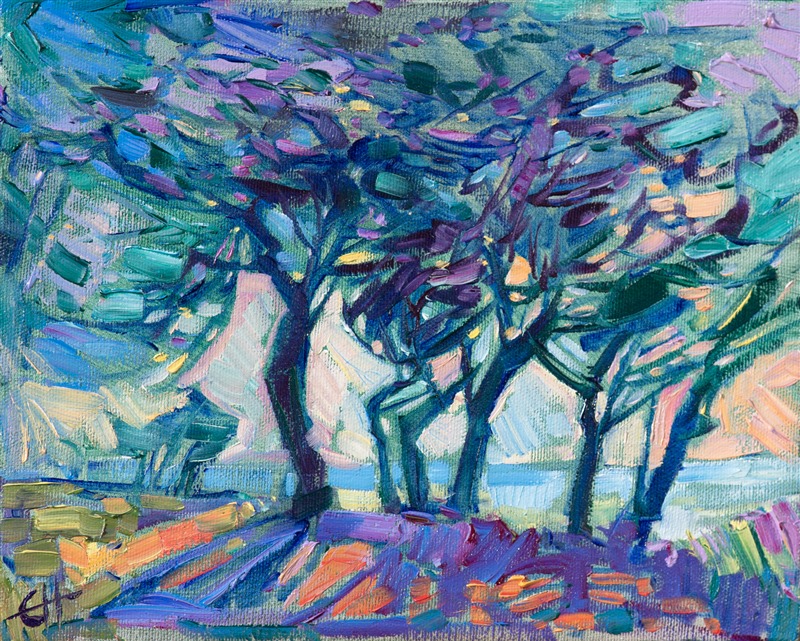 Wispy cypress trees are painted in loose brush strokes and vivid color, in this modernist impressionistic landscape painting.  The petite size of the canvas makes the scenery more intimate and personal.</p><p>This painting was done on 3/4"-deep stretched canvas.  It has been framed in a wide, dark wooden frame. Read more about the <a href="https://www.erinhanson.com/Blog?p=AboutErinHanson" target="_blank">painting's details here.</a>