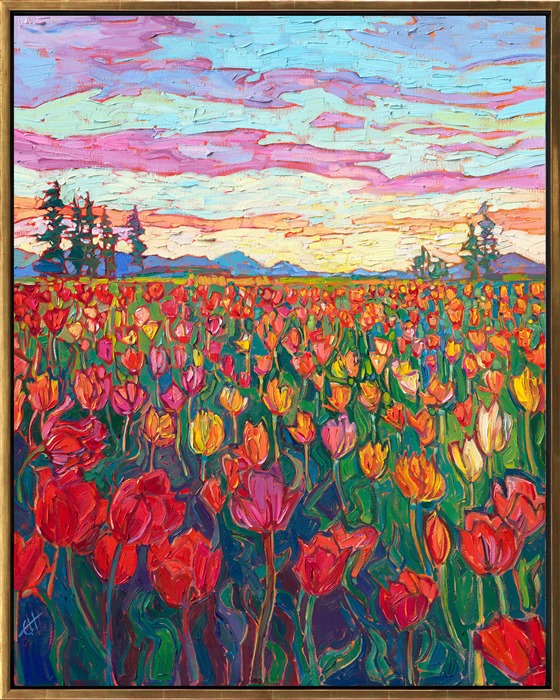 The Woodburn Tulip festival is famous for its Holland-like splendor of tulip blooms. Multi-colored rows of tulips celebrate the glory of spring. This painting captures the beauty of the Willamette Valley's tulip fields.</p><p>"Woodburn Tulips" was created on 1-1/2" canvas, with the sides of the canvas painted. The piece arrives framed in a contemporary gold floater frame, ready to hang.