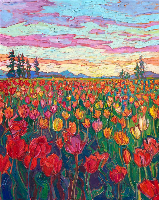 The Woodburn Tulip festival is famous for its Holland-like splendor of tulip blooms. Multi-colored rows of tulips celebrate the glory of spring. This painting captures the beauty of the Willamette Valley's tulip fields.</p><p>"Woodburn Tulips" was created on 1-1/2" canvas, with the sides of the canvas painted. The piece arrives framed in a contemporary gold floater frame, ready to hang.