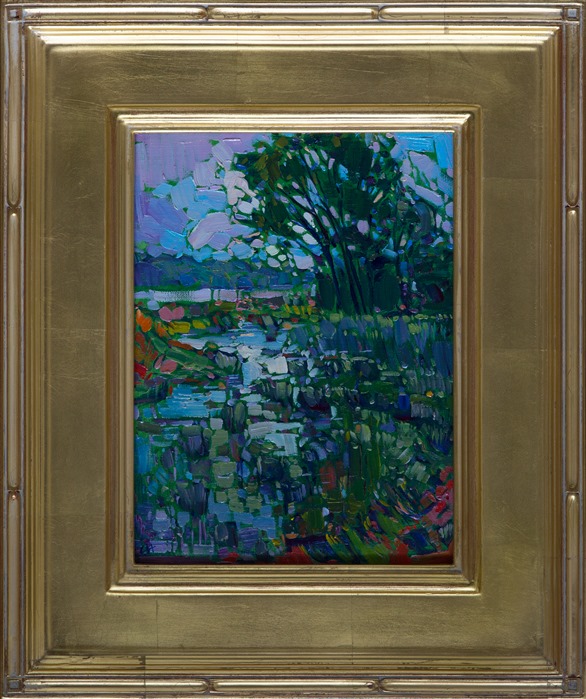 Northwest color blooms on this small original oil painting of northern Washington.  The cool, wet marshland reflects the early morning sky and wooded copse.</p><p>This small impressionistic oil painting was created on canvas-wrapped board.  The piece has been framed in a gold plein air frame.