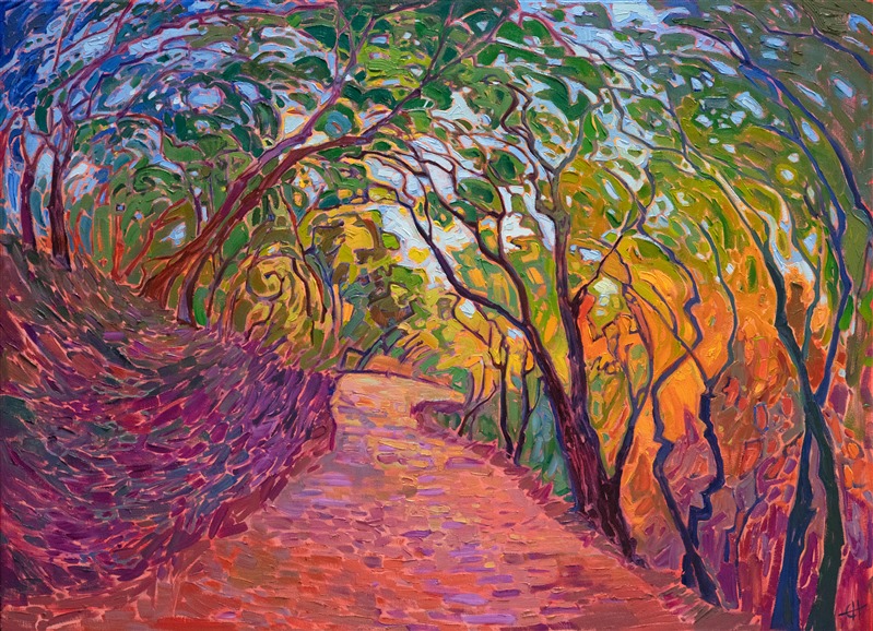 Rainbow hues of autumn catch the early morning light. This painting was inspired by driving through the oak-lined roads of Paso Robles wine country. The brush strokes are loose and expressive, capturing the movement and color of the scene.</p><p>"Wooded Path" was created on 1-1/2" canvas, with the painting continued around the edges. The painting arrives framed in a contemporary gold floater frame.