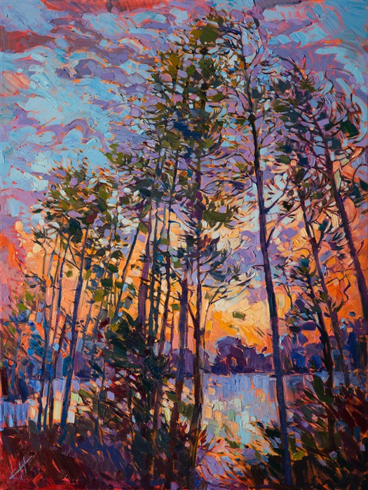 The Woodlands in Texas is a magical place of intense greenery and wildflowers, with beautiful tall pine trees everywhere, twining their long branches up into the wide Texan sky.  This vibrant painting captures a sunset over Lake Woodlands.  The motion of the brush strokes are alive with scintillating light.</p><p>This painting was created on 1-1/2" deep canvas, with the painting continued around the edges of the painting. The painting has been framed in a gold floater frame and arrives wired and ready to hang.