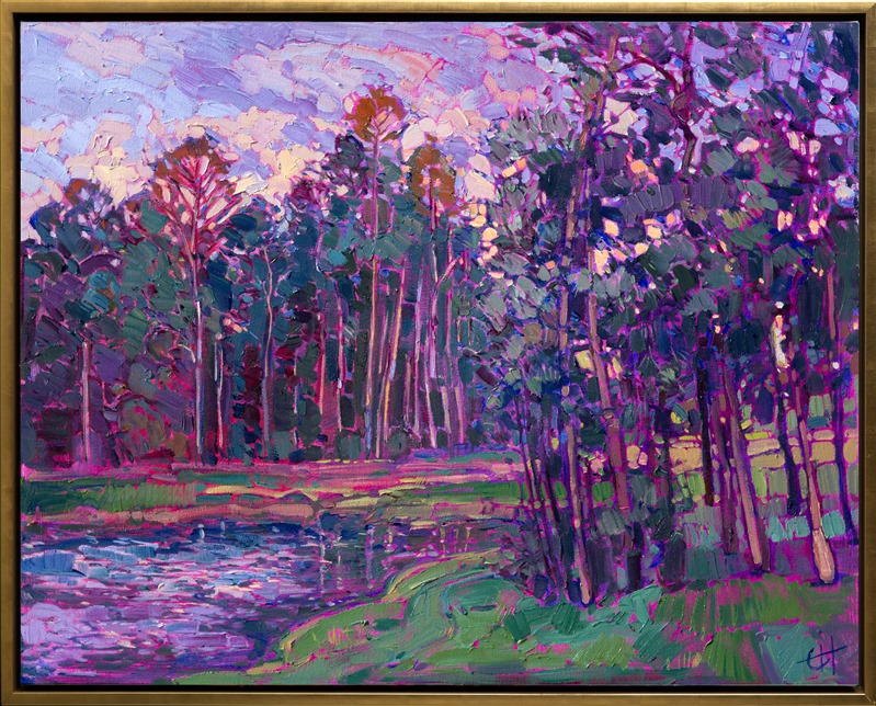 The Woodlands has many beautiful lakes and ponds, nestled between groves of impossibly tall pine trees. This painting captures the incipient colors of dusk in rich purples and viridian greens.  The brush strokes are thick and expressive with color and texture.</p><p>This painting was created on 1-1/2" deep canvas, with the painting continued around the edges. The painting is framed in a gold floater frame with black sides. It arrives wired and ready to hang.