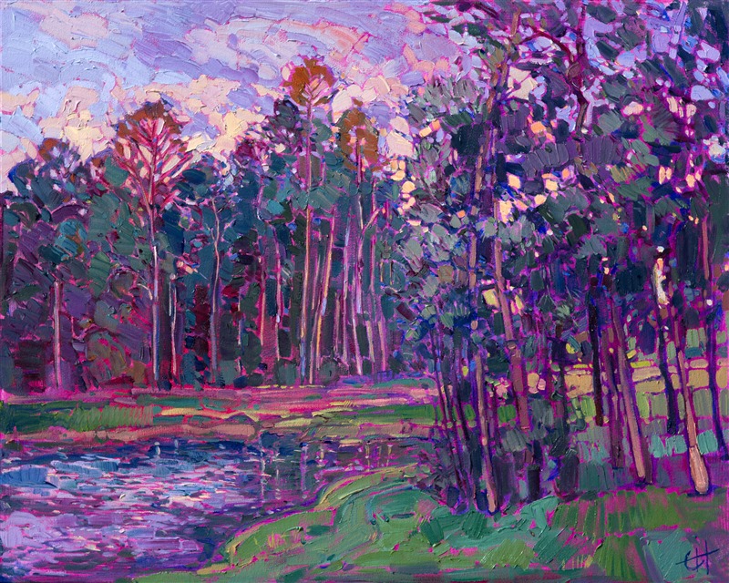 The Woodlands has many beautiful lakes and ponds, nestled between groves of impossibly tall pine trees. This painting captures the incipient colors of dusk in rich purples and viridian greens.  The brush strokes are thick and expressive with color and texture.</p><p>This painting was created on 1-1/2" deep canvas, with the painting continued around the edges. The painting is framed in a gold floater frame with black sides. It arrives wired and ready to hang.