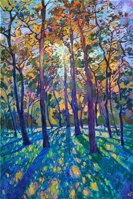 Warm afternoon light filters through the winding pine trees, casting long shadows across the grass.  The criss-crossing branches create a mosaic effect of colored light, while the thickly applied oil paint adds dimension and a sense of motion to the painting.</p><p>This piece was done on 1-1/2" canvas, with the painting continued around the edges. The painting has been framed in a simple gold floater frame.