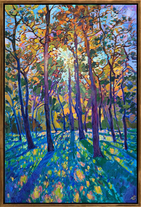 Warm afternoon light filters through the winding pine trees, casting long shadows across the grass.  The criss-crossing branches create a mosaic effect of colored light, while the thickly applied oil paint adds dimension and a sense of motion to the painting.</p><p>This piece was done on 1-1/2" canvas, with the painting continued around the edges. The painting has been framed in a simple gold floater frame.