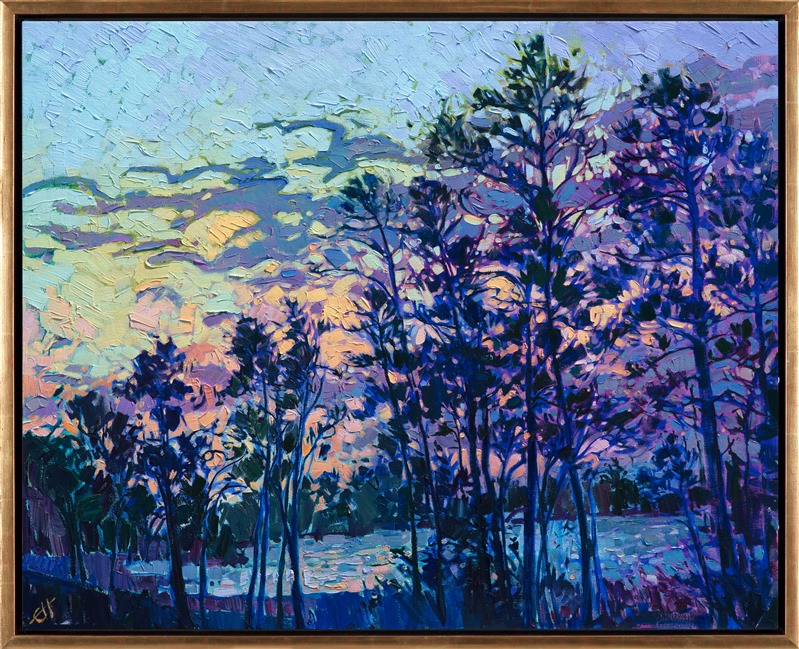 This painting of The Woodlands captures the beautiful, lake-filled landscape north of Houston.  The pine trees are tall and lanky, stretching into a sunset sky.  Each brush stroke in this painting is alive with color and the energy of the outdoors.</p><p>This painting was done on 1-1/2" canvas, with the painting continued around the edges. The piece has been framed in a gold floater frame and arrives ready to hang.