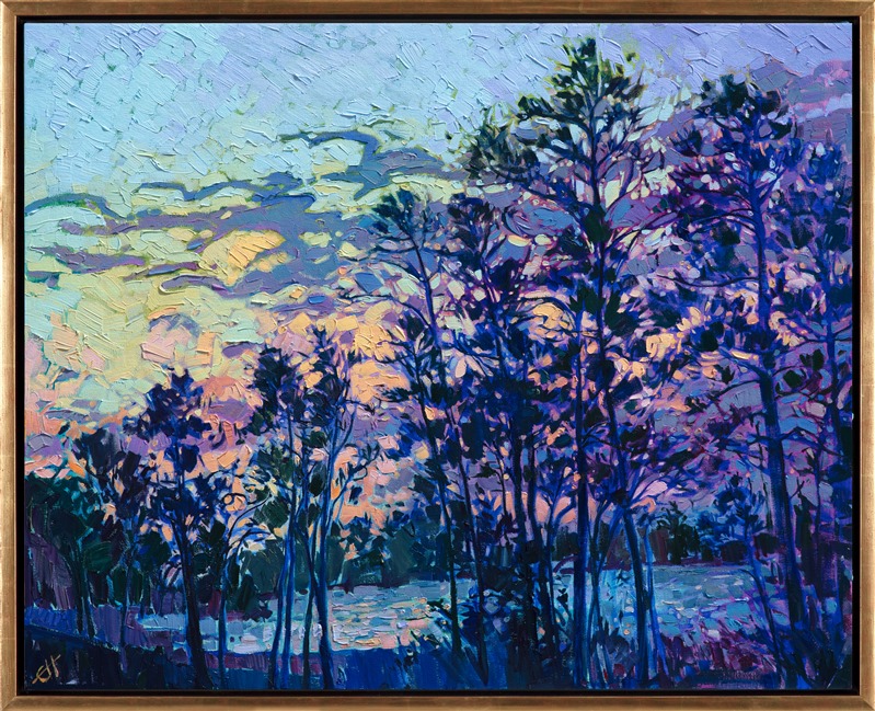 This painting of The Woodlands captures the beautiful, lake-filled landscape north of Houston.  The pine trees are tall and lanky, stretching into a sunset sky.  Each brush stroke in this painting is alive with color and the energy of the outdoors.</p><p>This painting was done on 1-1/2" canvas, with the painting continued around the edges. The piece has been framed in a gold floater frame and arrives ready to hang.