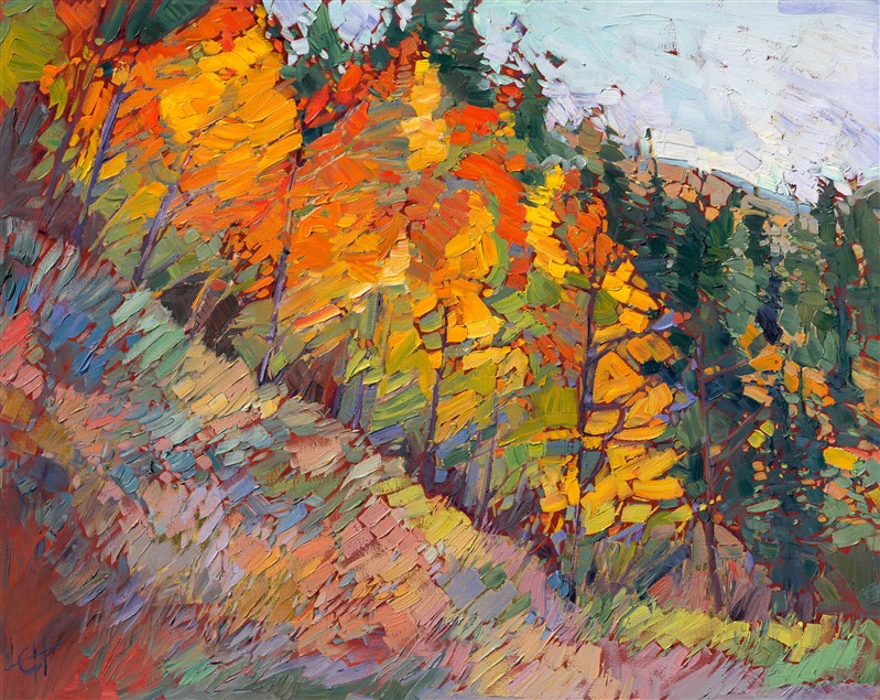 Aspen trees are alive with light and color in this original oil painting.  Landscapes like this are best portrayed in a loose, impressionistic brush stroke, the painterly strokes almost careless in their freedom and beauty.  The painting exudes joy in the essence of color.</p><p>This painting was created over 24 karat gold leaf, applied directly to the canvas as an "underpainting."  The thin sheets of genuine gold gleam with subtle light from between the brush strokes, catching the eye and making the painting seem to glow from within.  This style of painting is almost a Gustav Klimt meets Van Gogh. <a href="https://www.erinhanson.com/Blog?p=behind-the-art-woods-of-gold-by-erin-hanson">Read more about this painting here!</a><br/>