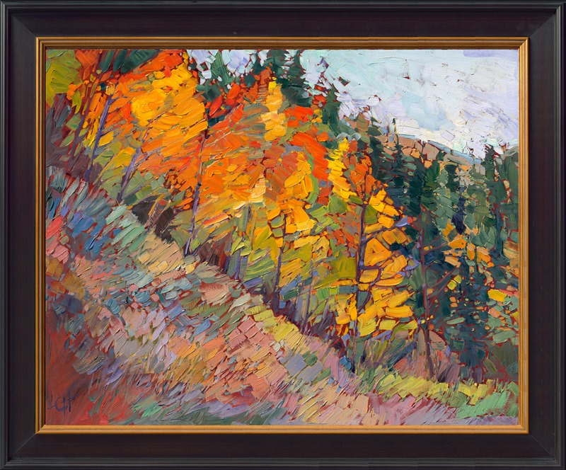 Aspen trees are alive with light and color in this original oil painting.  Landscapes like this are best portrayed in a loose, impressionistic brush stroke, the painterly strokes almost careless in their freedom and beauty.  The painting exudes joy in the essence of color.</p><p>This painting was created over 24 karat gold leaf, applied directly to the canvas as an "underpainting."  The thin sheets of genuine gold gleam with subtle light from between the brush strokes, catching the eye and making the painting seem to glow from within.  This style of painting is almost a Gustav Klimt meets Van Gogh. <a href="https://www.erinhanson.com/Blog?p=behind-the-art-woods-of-gold-by-erin-hanson">Read more about this painting here!</a><br/>