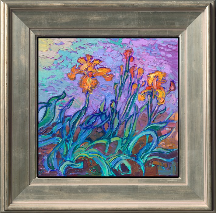 A collection of yellow irises pops with vibrant, impressionistic color, in this petite oil painting by Erin Hanson. This painting is a beautiful example of Hanson's iconic open impressionism style applied to a small canvas.</p><p>"Yellow Iris" is an original oil painting on linen board. This piece arrives framed in a custom-made plein air frame (mock floater style, so the edges are uncovered).</p><p>This painting will be displayed at Erin Hanson's annual <a href="https://www.erinhanson.com/Event/ErinHansonSmallWorks2022" target=_"blank"><i>Petite Show</a></i> on November 19th, 2022, at The Erin Hanson Gallery in McMinnville, OR.
