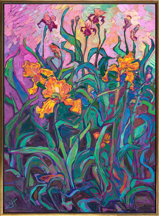 Yellow irises bloom in the Oregon countryside, the colorful blooms a beautiful contrast against the rich green leaves. The brush strokes in this semi-abstract painting are loose and impressionistic, alive with color and motion.</p><p>"Yellow Irises" was created on gallery-depth canvas, and the oil painting arrives framed in a contemporary gold floater frame, ready to hang.