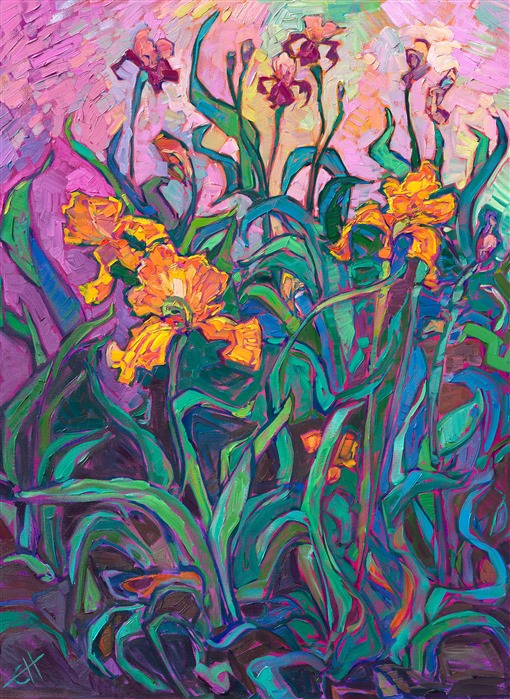 Yellow irises bloom in the Oregon countryside, the colorful blooms a beautiful contrast against the rich green leaves. The brush strokes in this semi-abstract painting are loose and impressionistic, alive with color and motion.</p><p>"Yellow Irises" was created on gallery-depth canvas, and the oil painting arrives framed in a contemporary gold floater frame, ready to hang.