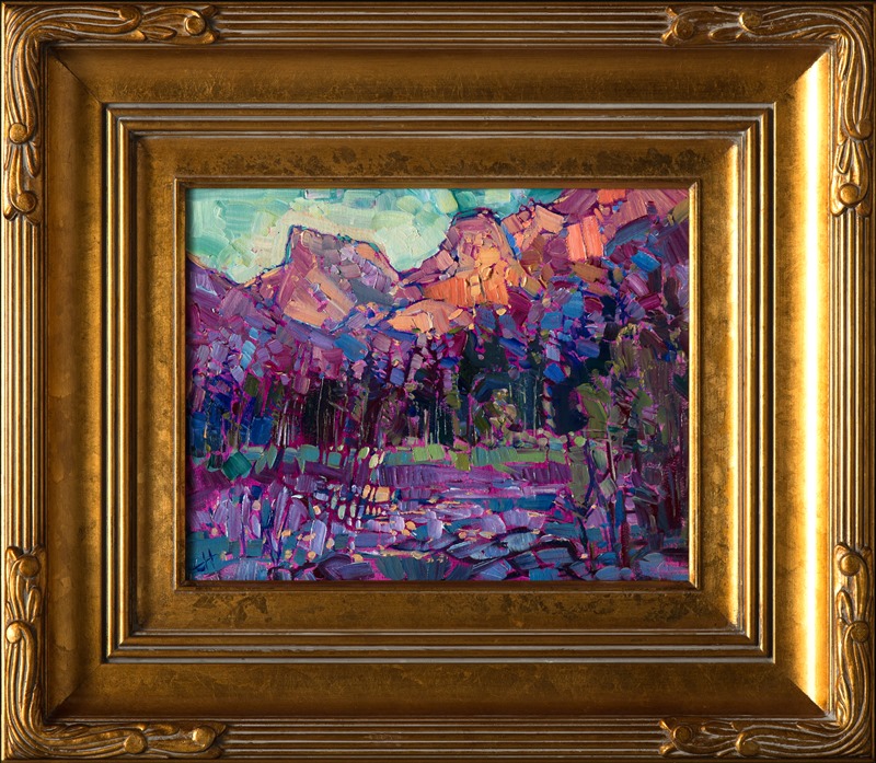 A perfect addition to your petite oil painting collection, this painting captures the beauty and transient light of a Yosemite sunset.  This piece was inspired by a recent springtime journey through Yosemite on the way to Carmel Valley.  The landscape was drenched in bright greens and multicolored wildflowers.</p><p>This painting was created on canvas board.  It has been framed in a classic gold frame, and it arrives ready to hang.