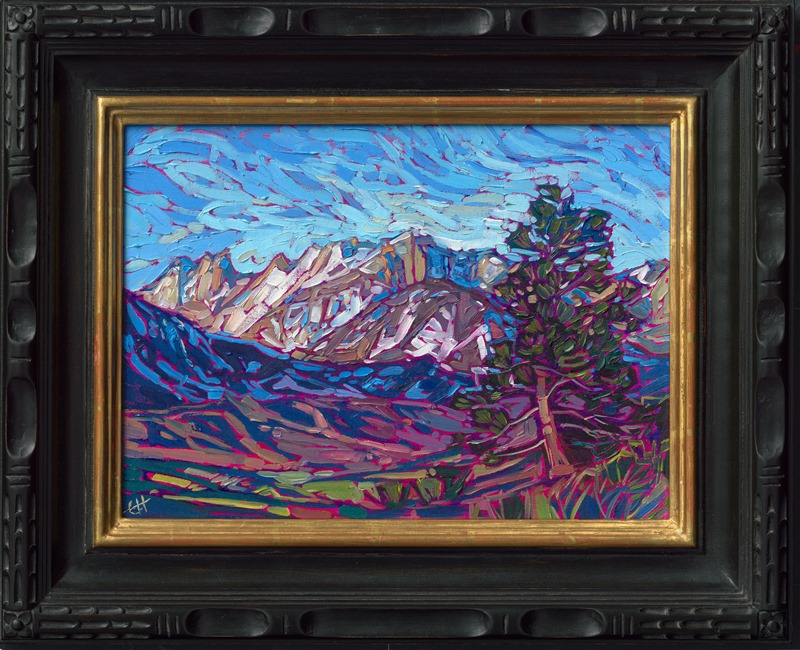 Cool tones of granite cliffs contrast against the rich hues of evergreen trees. The brush strokes in this petite painting are loose and impressionistic.</p><p>"Yosemite Cliffs" was created on linen board, and the painting arrives framed in a black and gold, carved plein air frame.