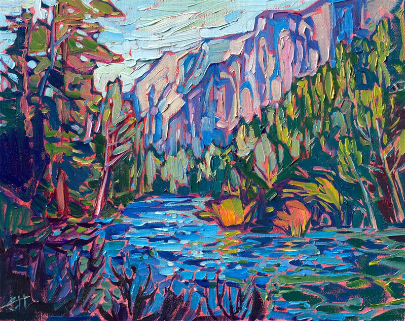 Cool tones of granite cliffs contrast against the rich hues of evergreen trees. The brush strokes in this petite painting are loose and impressionistic.</p><p>"Yosemite Cliffs" was created on linen board, and the painting arrives framed in a black and gold, carved plein air frame.