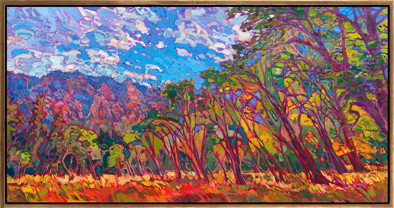 Yosemite in summer is filled with lush, verdant hues of green. Cottonwood trees and ancient pines grace the valley floor, nestled between the steep cliffsides. This painting captures the beauty of summer in Yosemite with thick, impressionistic brush strokes of oil paint.</p><p>"Yosemite Cottonwoods" is an original oil painting created on stretched canvas. The piece arrives framed in a contemporary gold floater frame, ready to hang.