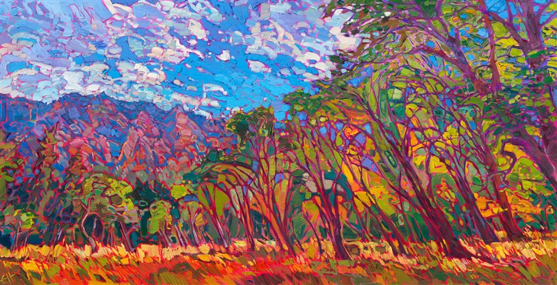 Yosemite in summer is filled with lush, verdant hues of green. Cottonwood trees and ancient pines grace the valley floor, nestled between the steep cliffsides. This painting captures the beauty of summer in Yosemite with thick, impressionistic brush strokes of oil paint.</p><p>"Yosemite Cottonwoods" is an original oil painting created on stretched canvas. The piece arrives framed in a contemporary gold floater frame, ready to hang.