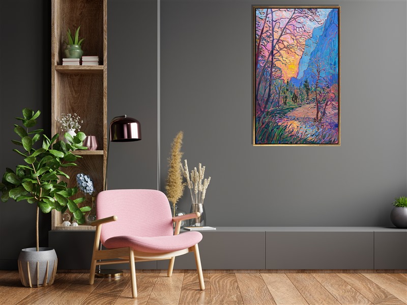 This painting of Yosemite valley captures the colors of sunset against the striking blue of the mountain cliffs. The brush strokes are laid side by side, without layering, in Hanson's unique Open Impressionism style. The vivid colors are created from a limited palette of only five colors. </p><p>This painting was exhibited at <i>Erin Hanson: Landscapes of the West </i> solo museum exhibition at the Sears Art Museum in St. George, Utah.